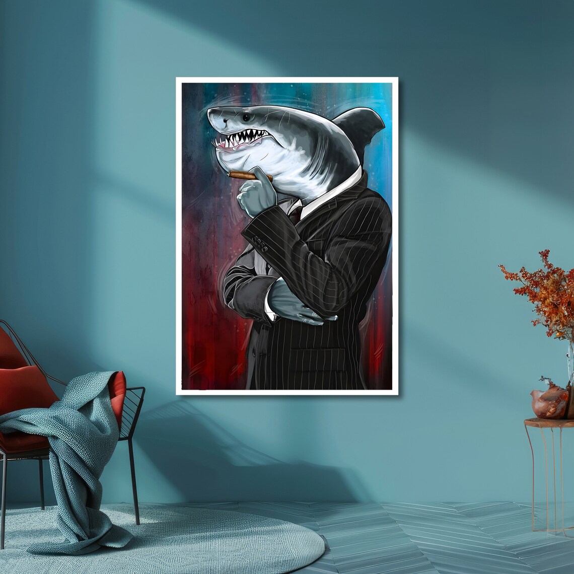 Business Shark in Pinstripe Suit Smoking a Cigar Funny Office Poster - Image 6