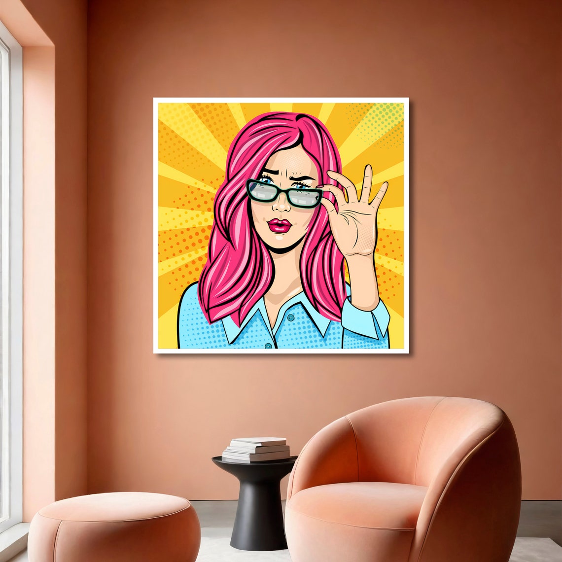 Pop Art Pink Haired Woman Glasses Yellow Sunburst Art Poster - Image 6