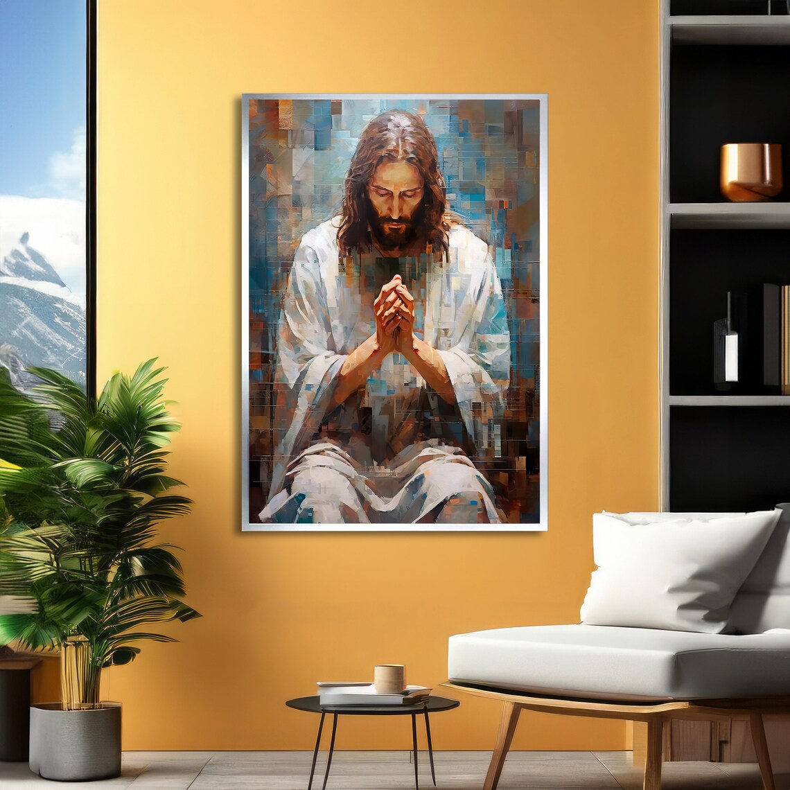 Jesus Christ Praying with Folded Hands Modern Textured Art Poster - Image 5