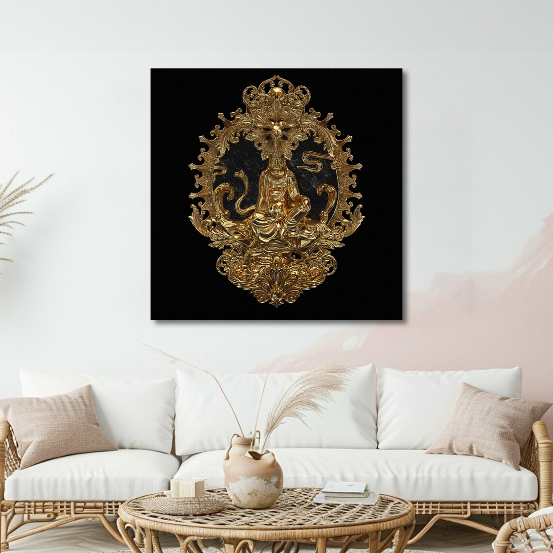Golden Guanyin Ornate Relief Sculpture Glowing on Black Background Art Poster - Image 5