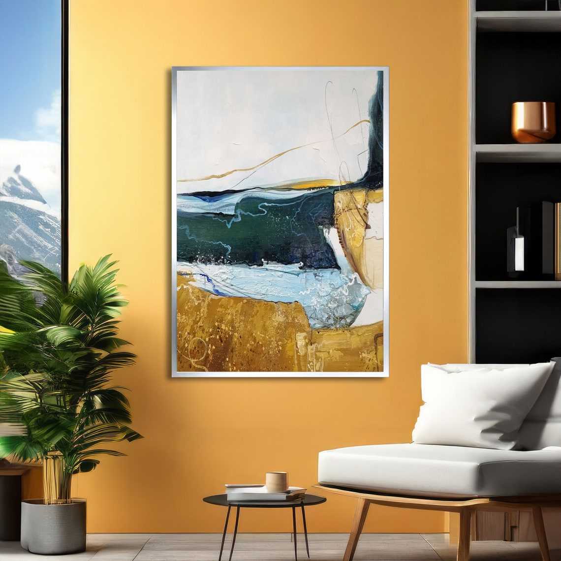 Abstract Coastal Ocean Waves Painting in Blue and Gold Tones Poster - Image 4