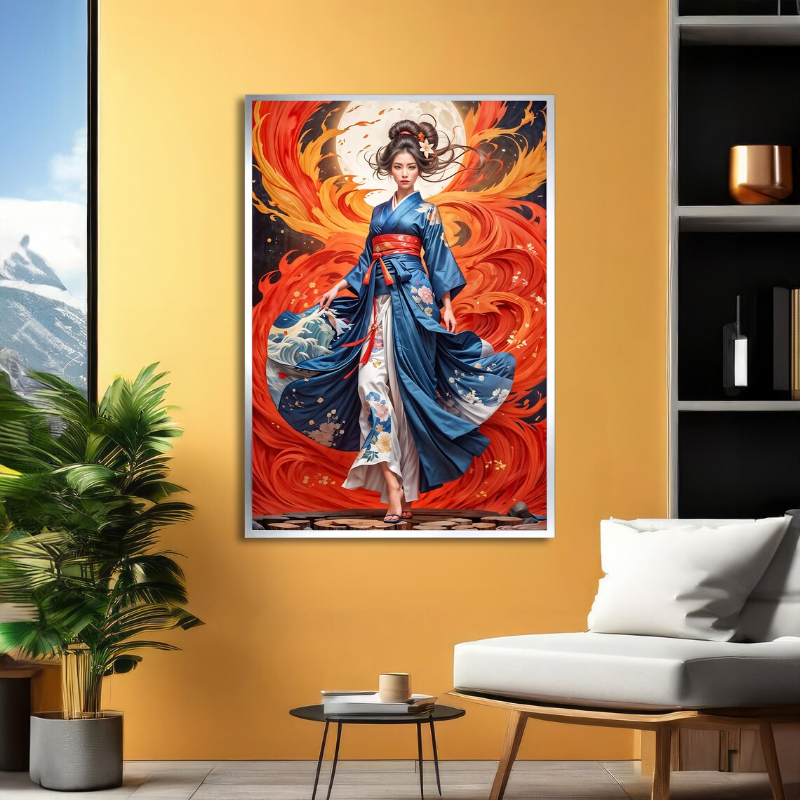 Japanese Woman in Blue Kimono Fire and Moon Japanese Art Poster - Image 2