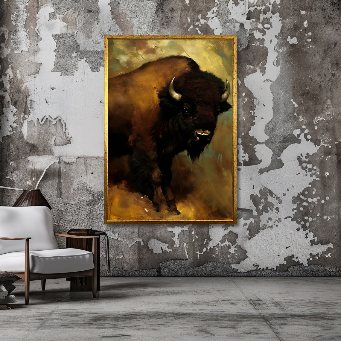 Majestic Bison Dark Portrait Golden Rustic Wildlife Painting Poster - Image 3