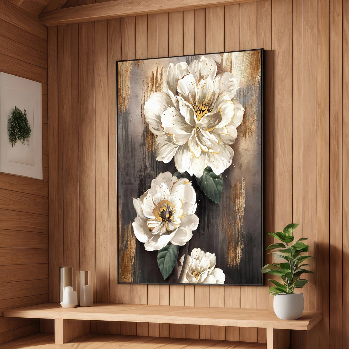 White Peony Blossoms on Dark Background Elegant Floral Poster