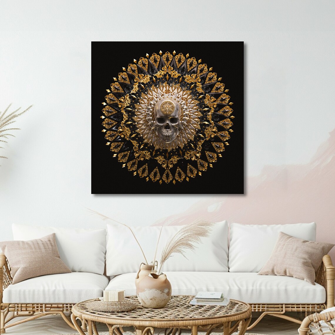 Golden Ornate Mandala Centered on a Skull Gothic Luxury Black Art Poster - Image 4