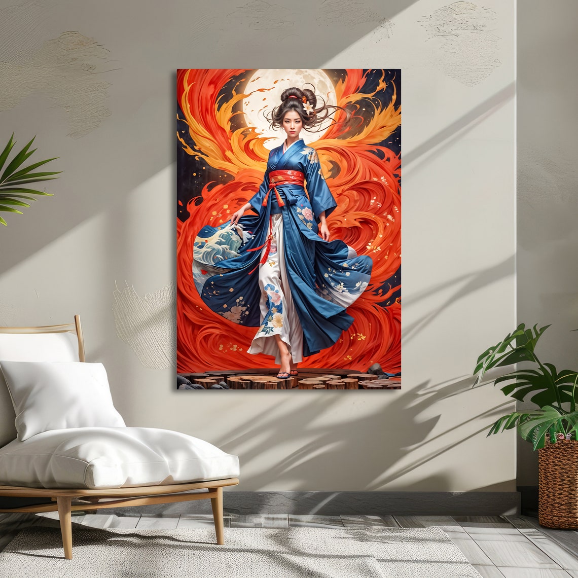 Japanese Woman in Blue Kimono Fire and Moon Japanese Art Poster - Image 5