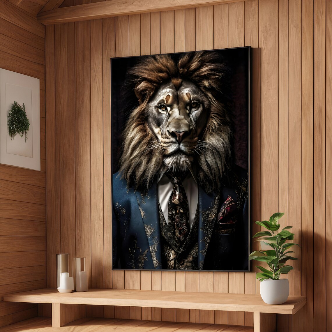 Regal Lion Wearing an Ornate Blue Suit Noble Animal Portrait Poster