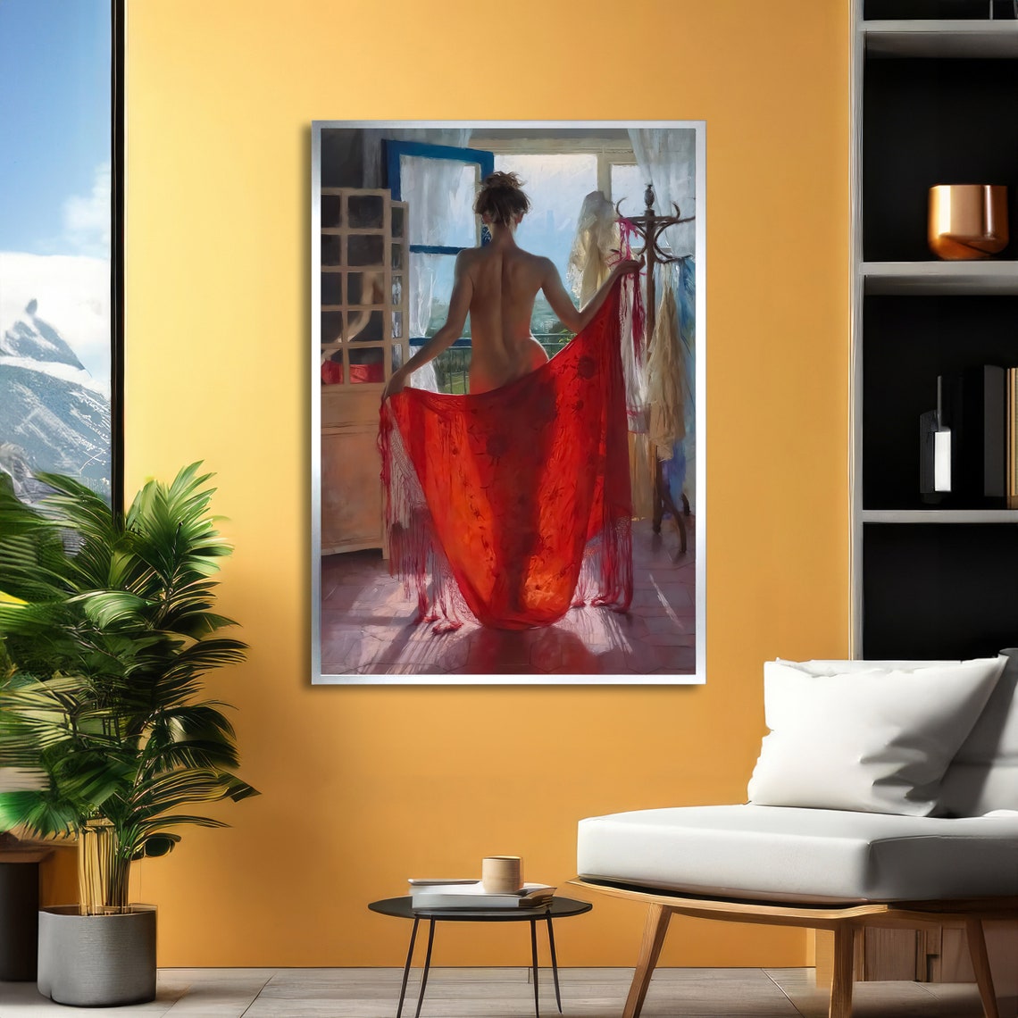 Sensual Woman Draped in a Red Shawl Seen from Behind Romantic Poster - Image 2