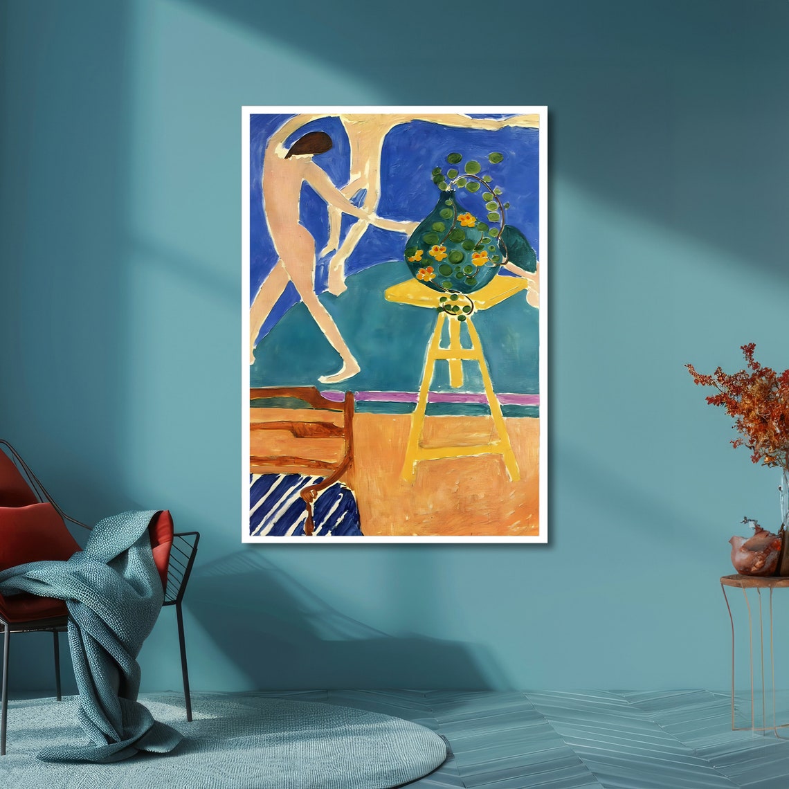 Matisse-Style Dancer and Flower Vase in Bold Blue Room Poster - Image 6