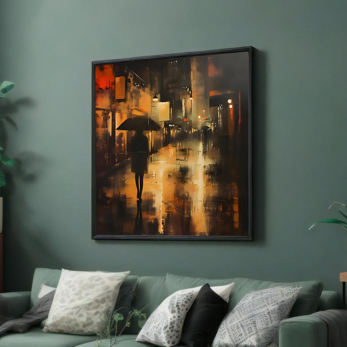 Lonely Figure With Umbrella Rainy Night City Street Scene Poster