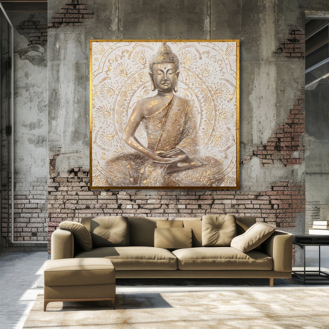 Golden Buddha Meditating Before Ornate White and Gold Mandala Art Poster - Image 4