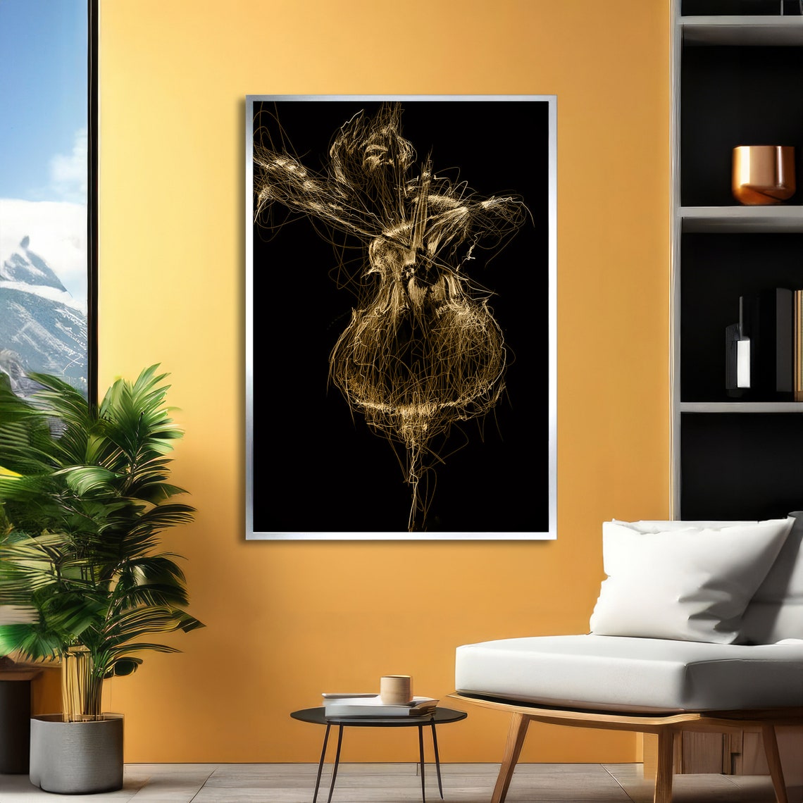 Golden Line Dancer Abstract Figure on Black Modern Art Poster - Image 2