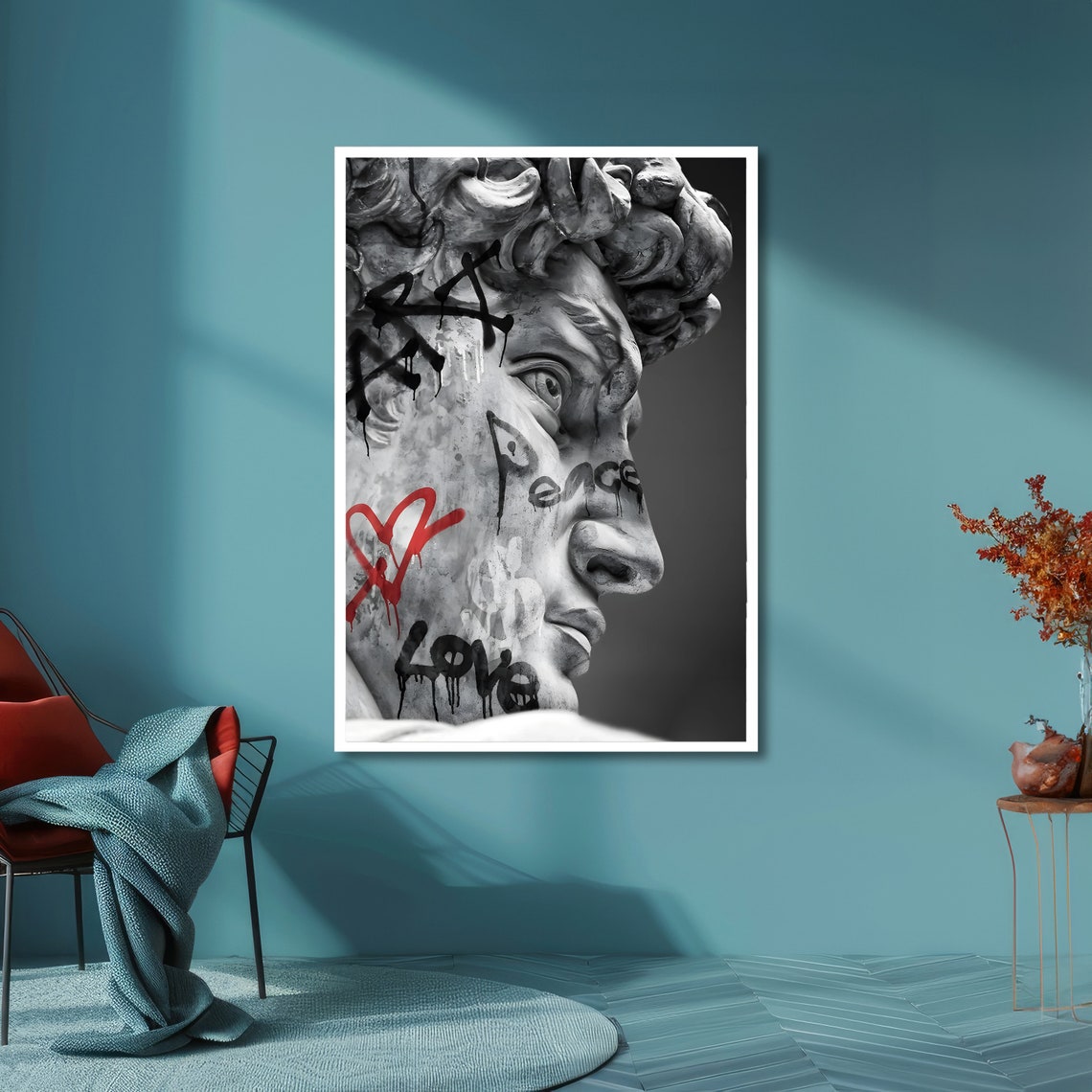 Graffiti David Statue with Peace Love Tags and Red Heart Urban Poster - Image 6