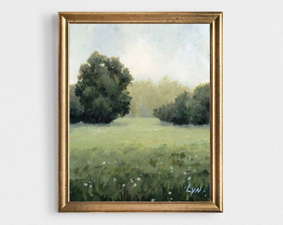 Small Oil Painting Landscape, Neutral Green Art Print