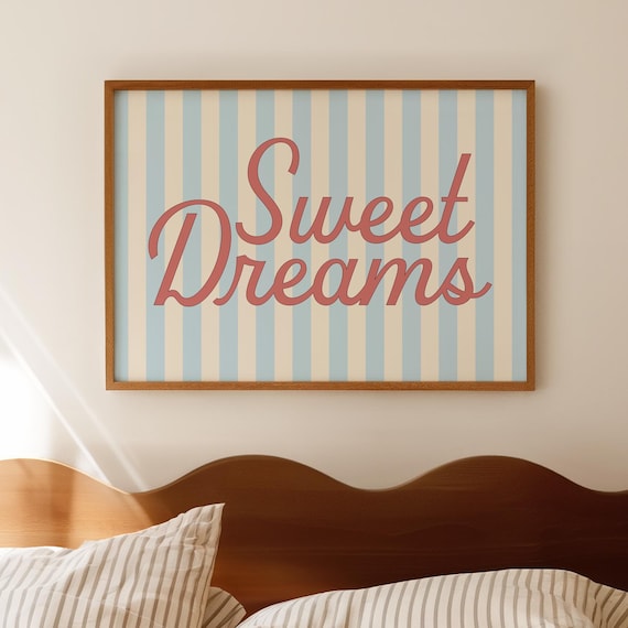 Sweet Dreams Script Pastel Striped Above Bed Bedroom Quote Poster