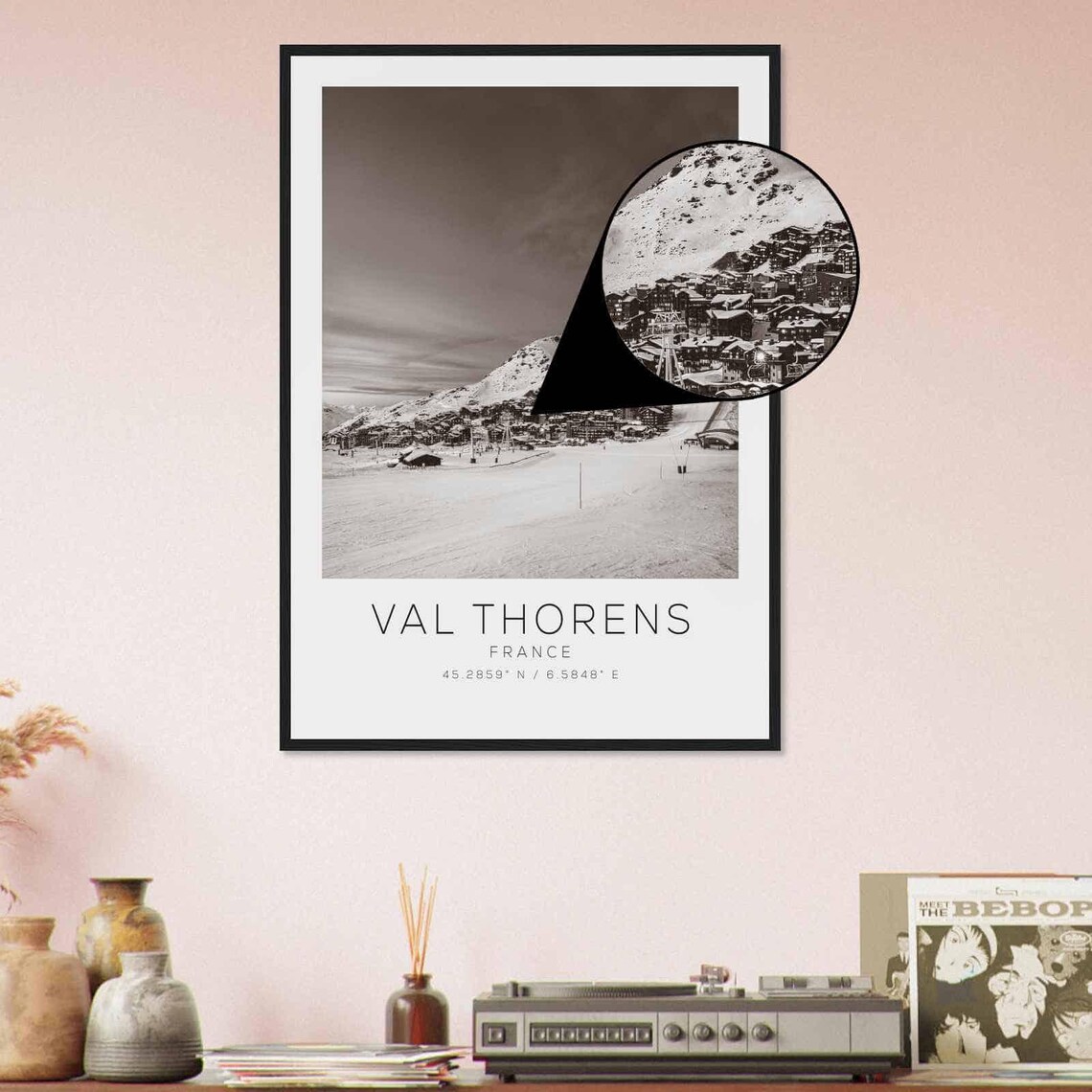 Val Thorens France Snowy Ski Resort Village Black White Poster - Image 4