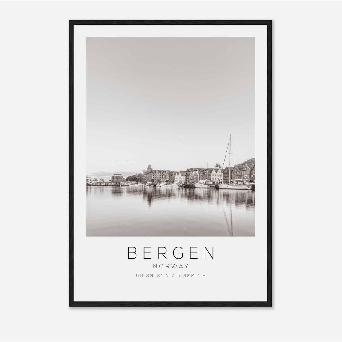 Bergen Norway Harbor Reflection Black White Minimalist Poster