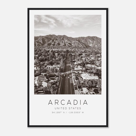 Arcadia United States Black White Cityscape Mountain View Poster