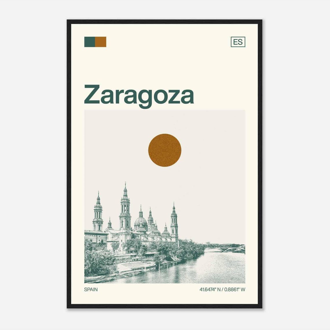 Zaragoza Spain Minimalist Monochrome Basilica Riverside Travel Poster