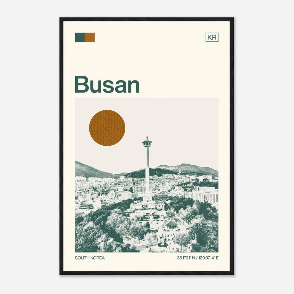 Busan South Korea City Tower and Harbor View Duotone Art Poster