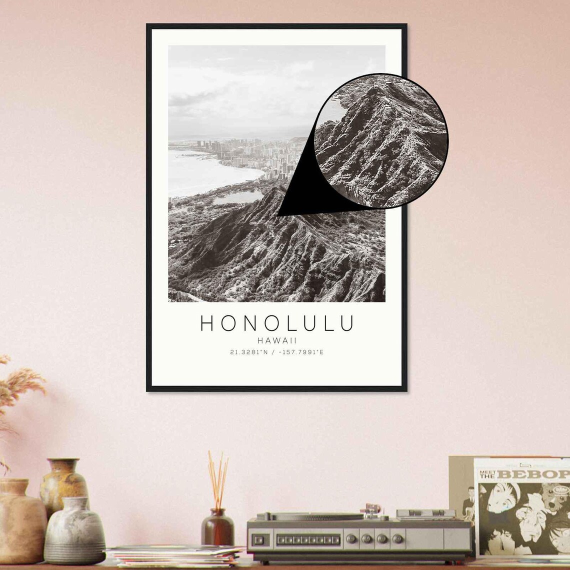 Honolulu Hawaii Diamond Head Crater Overlook Black White Travel Poster - Image 4
