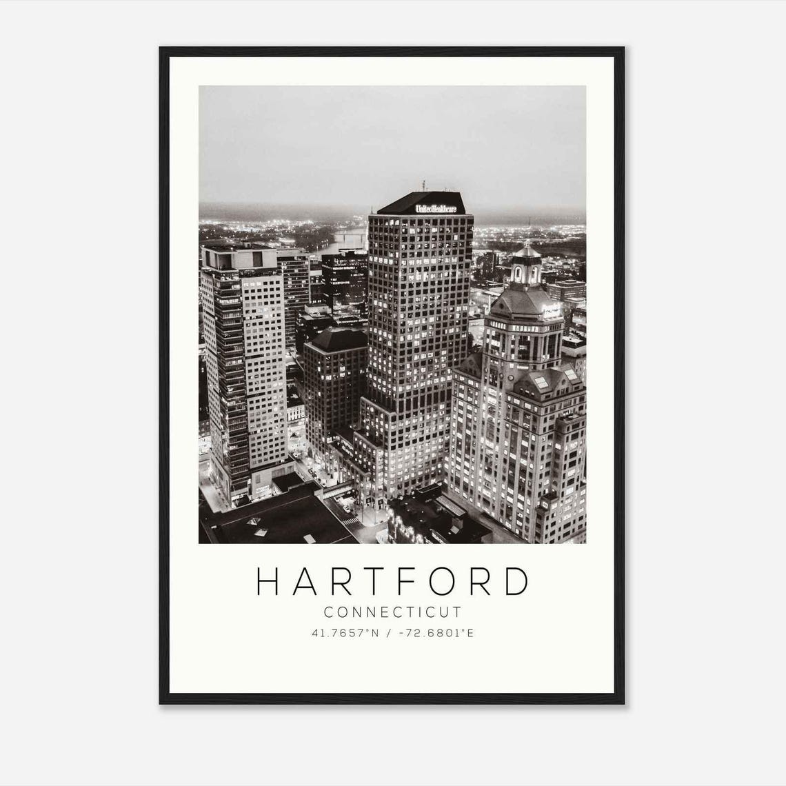 Hartford Connecticut Downtown Night Towers Black White Photo Poster