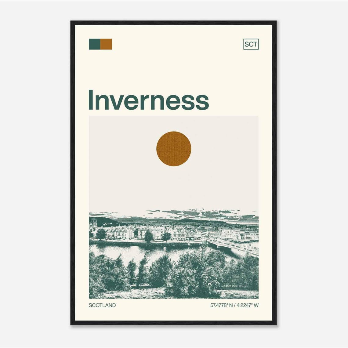 Inverness Scotland River Ness Cityscape Hills Duotone Travel Poster