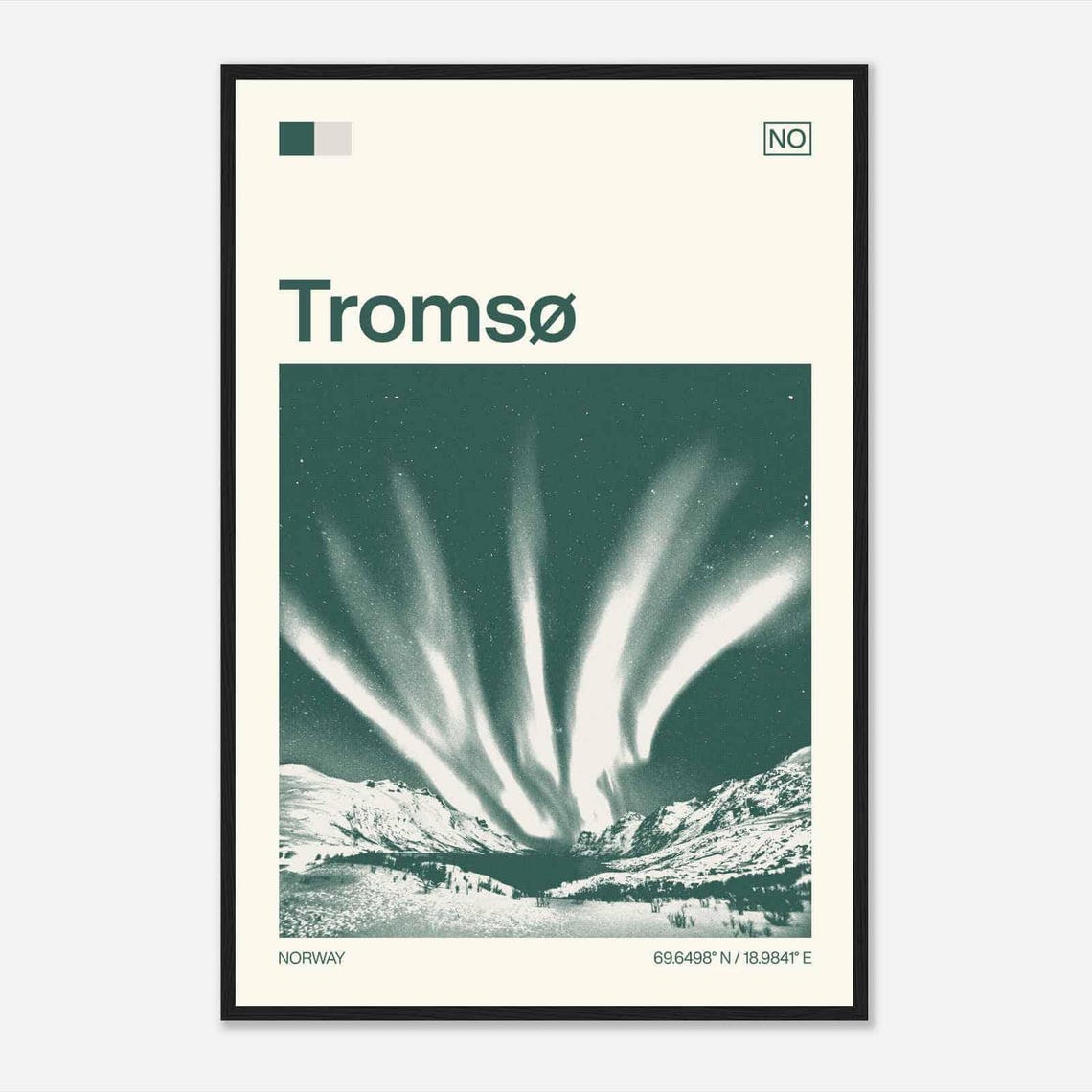 Tromsø Norway Northern Lights Snow Peaks Vintage Travel Poster