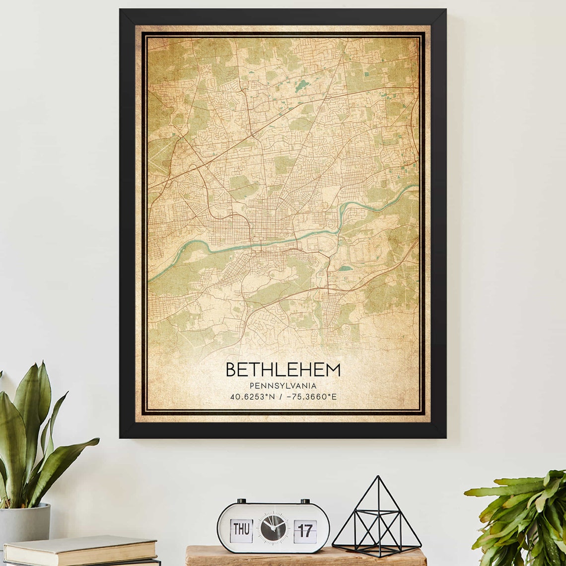 Bethlehem Pennsylvania Vintage Map Poster Sepia Street Map Decor