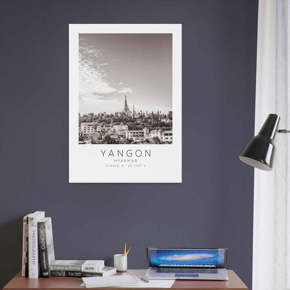 Yangon Myanmar Shwedagon Pagoda City Skyline Black White Poster - Image 3