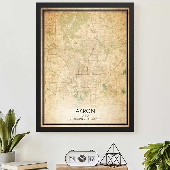Vintage Akron Ohio Street Map Coordinates Sepia Artwork Poster