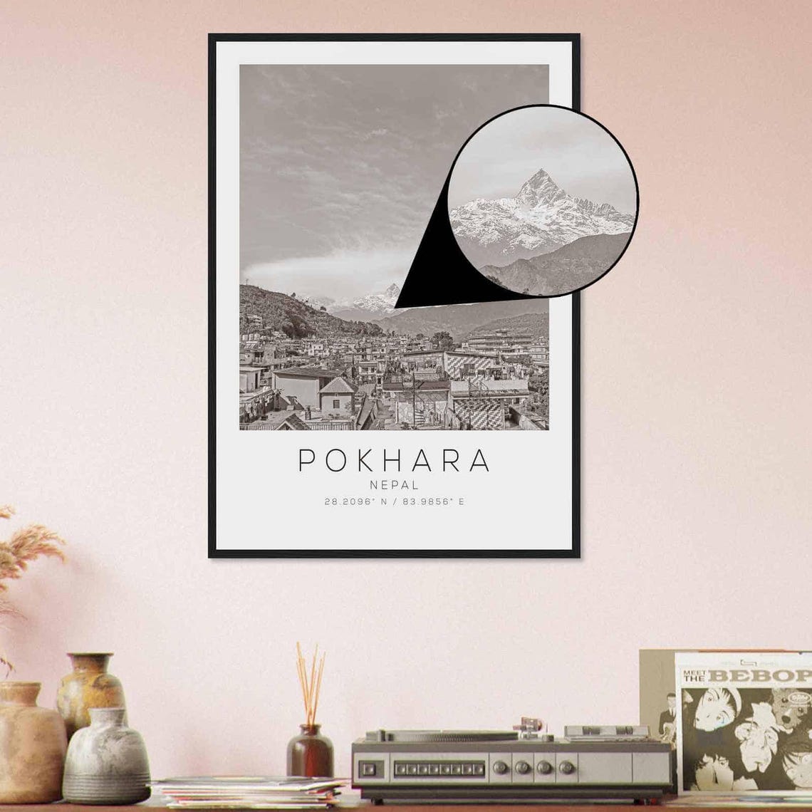Pokhara Nepal Himalaya Mountains Town View Black and White Poster - Image 4