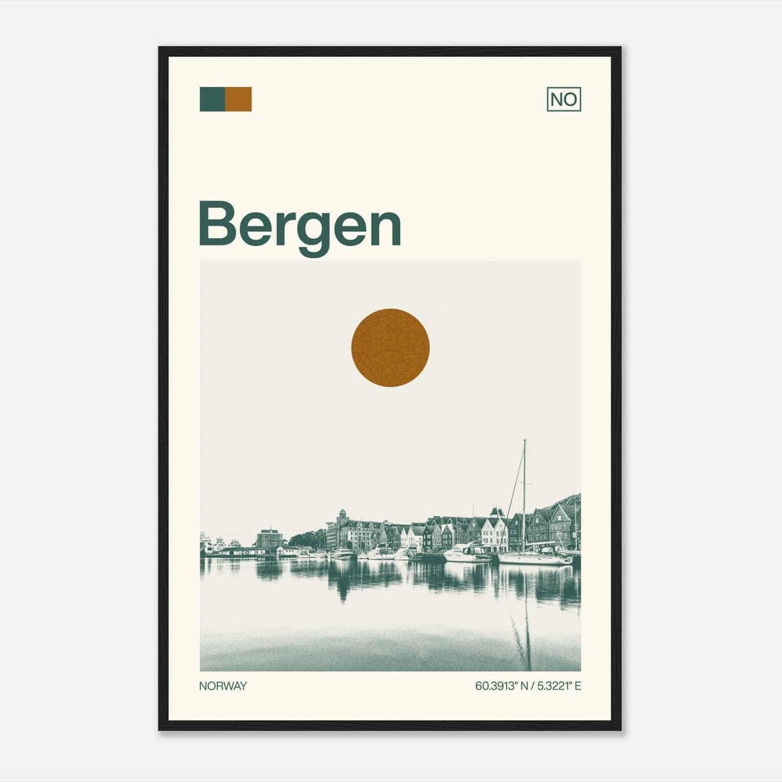 Bergen Norway Harbor Bryggen Wharf Vintage Style Travel Poster