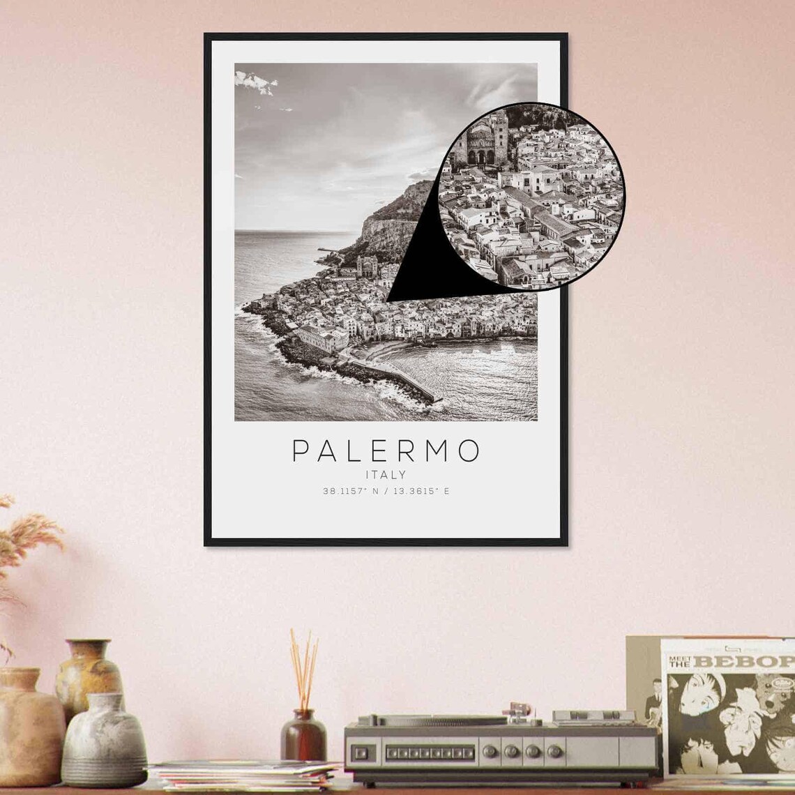 Palermo Italy Aerial Coastal Town Mountain Black White Photo Poster - Image 4