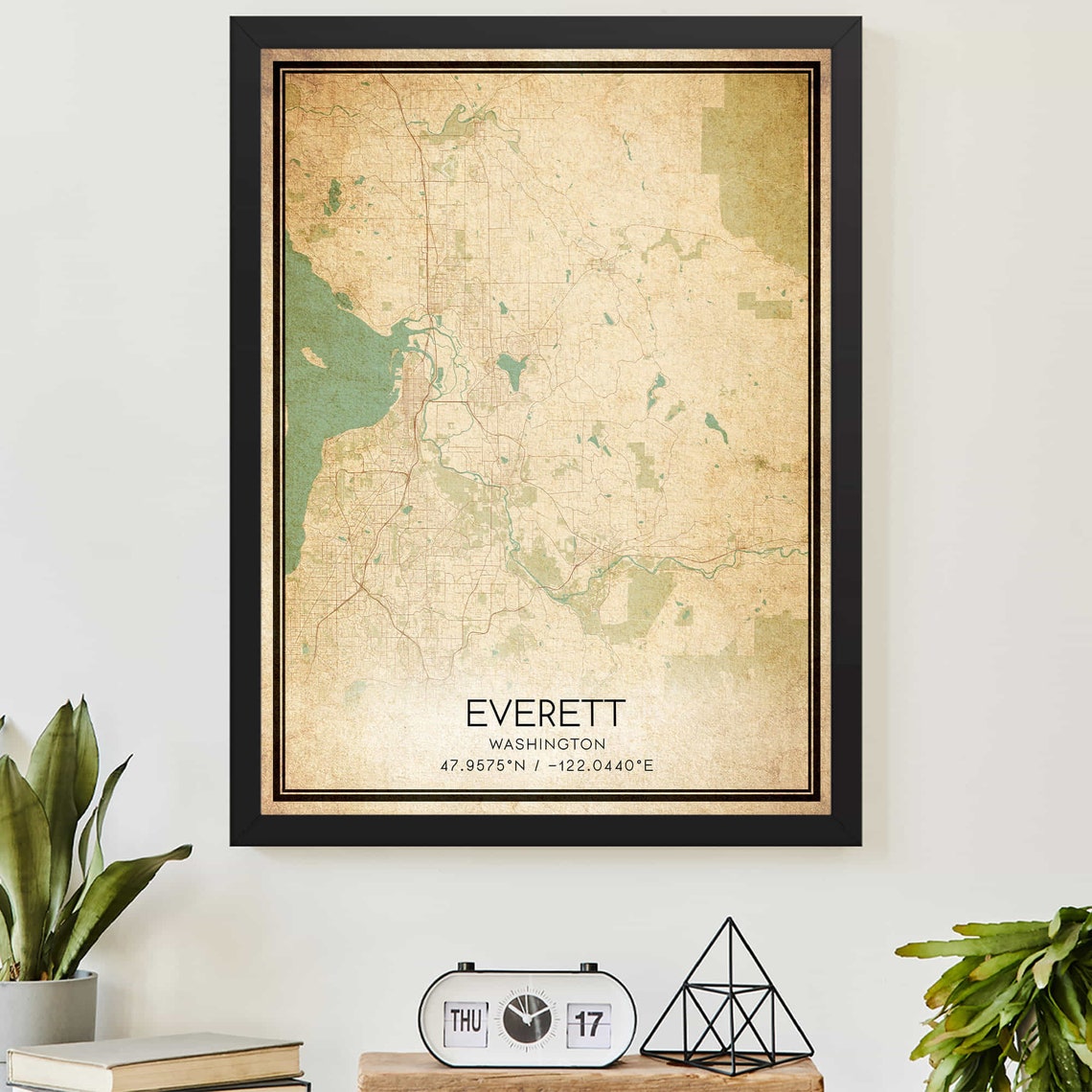 Everett Washington Vintage Map City Street Plan Coordinates Art Poster