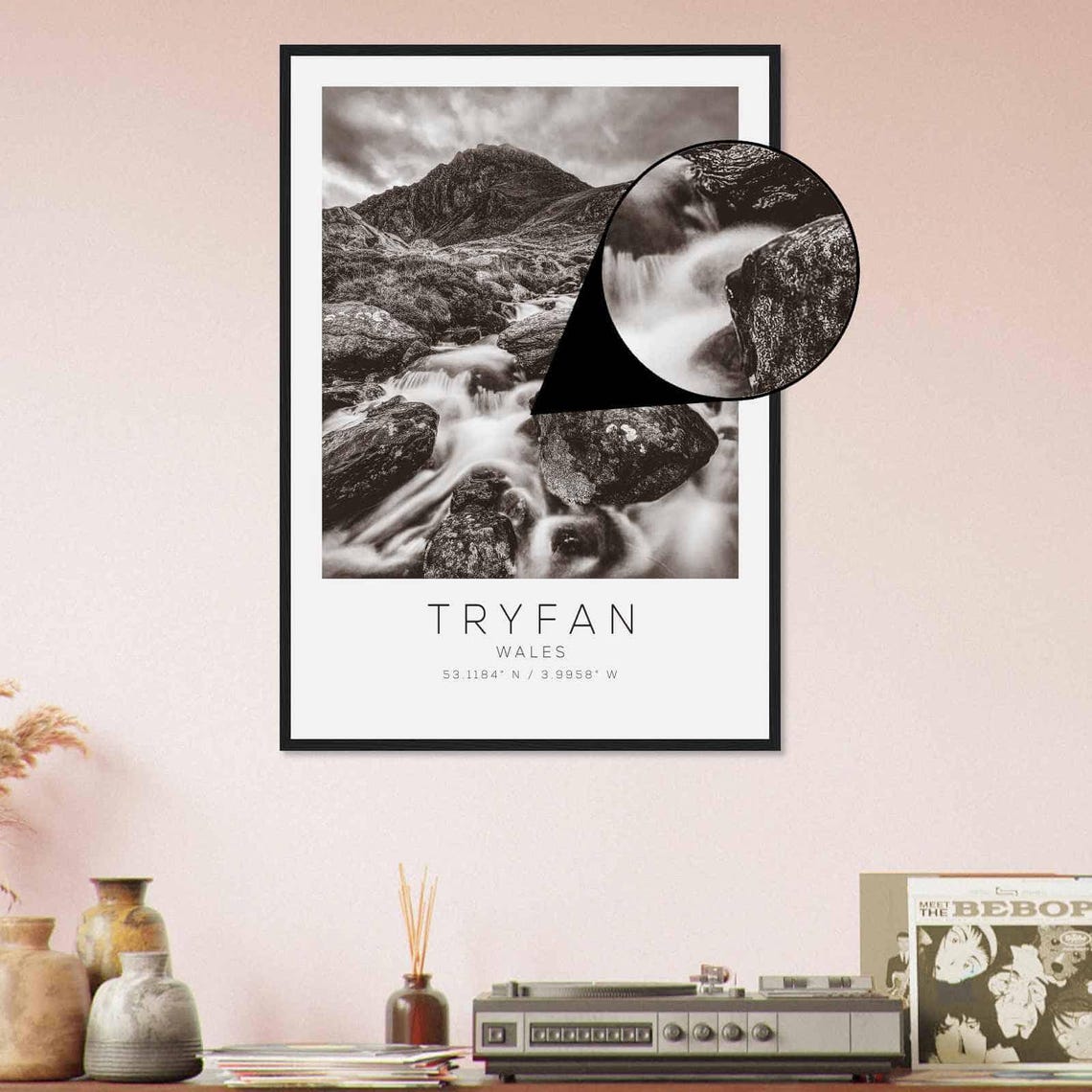 Tryfan Wales Rocky Stream Mountain Peak Black and White Poster - Image 4