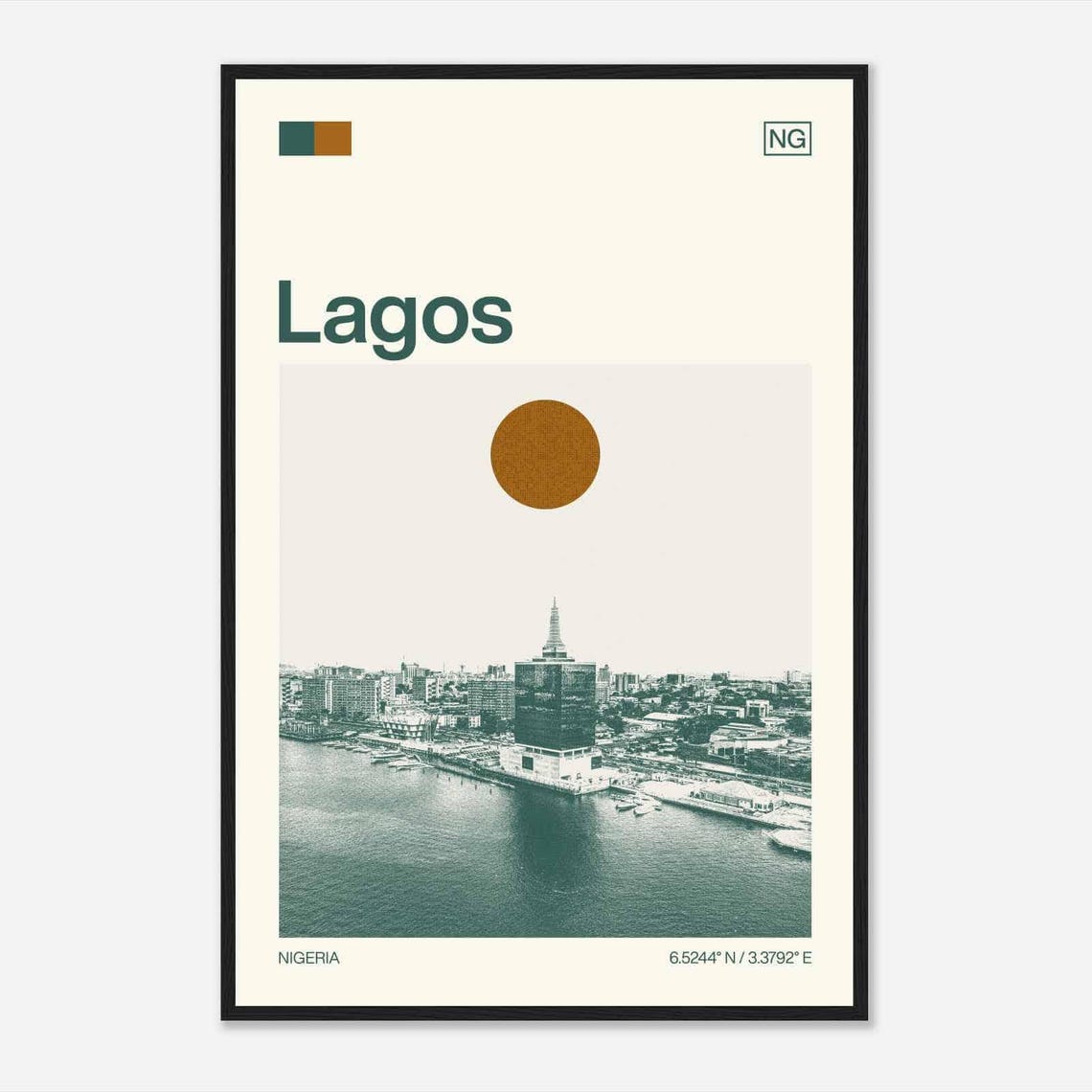 Lagos Nigeria Marina Waterfront Skyline Evening Duotone Travel Poster