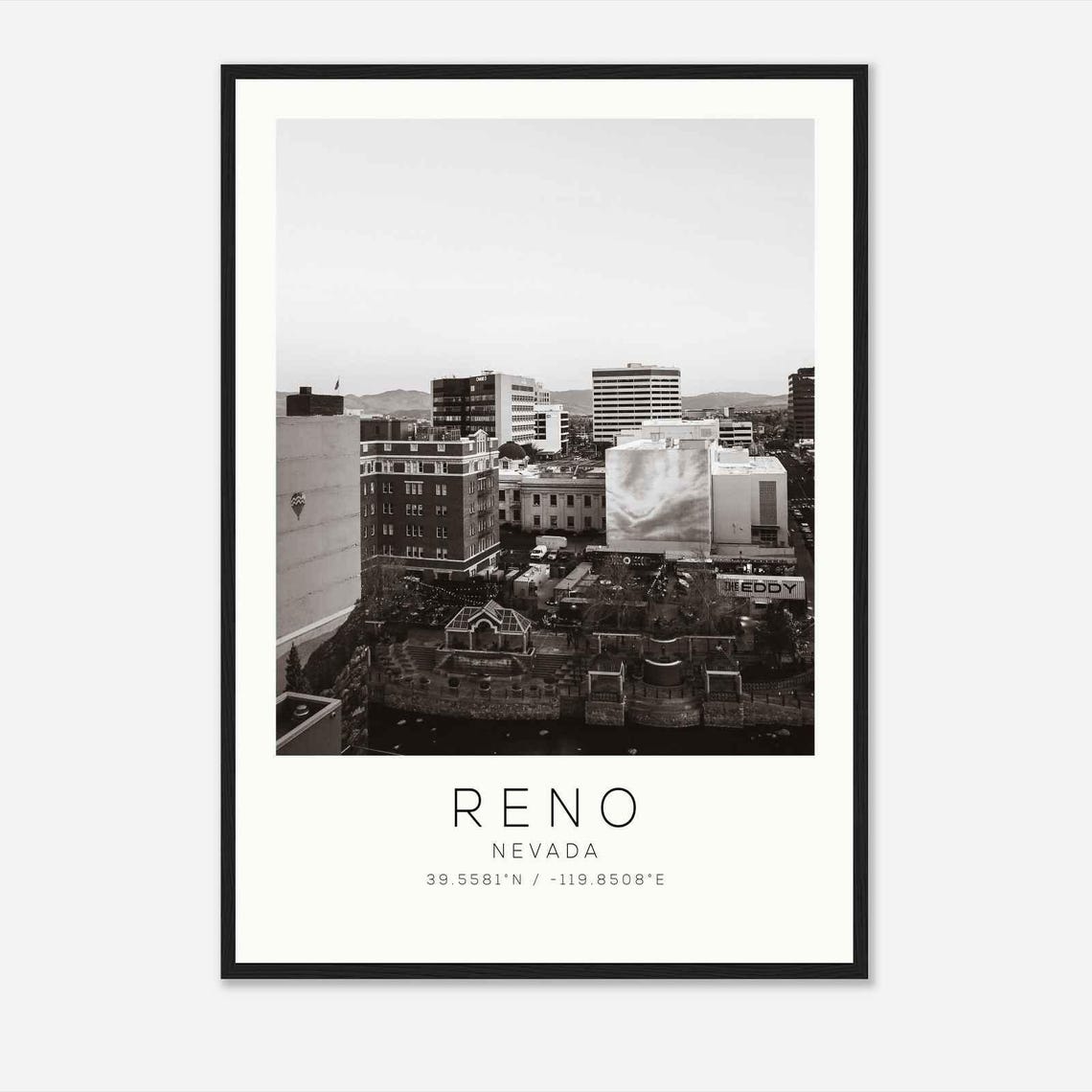 Reno Nevada Downtown Rooftop View Black and White Photo Poster