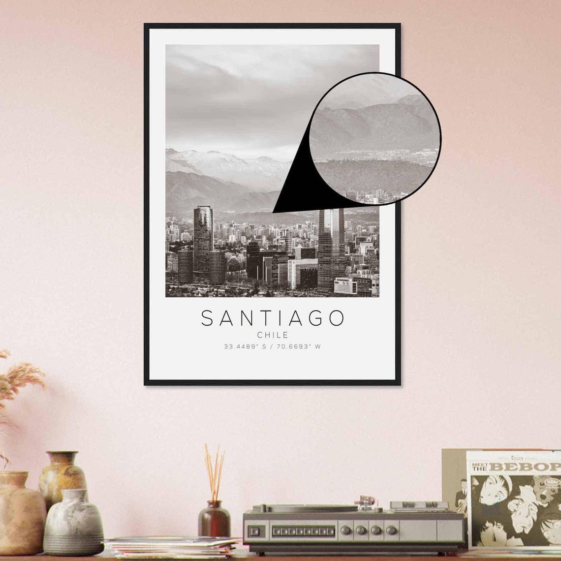 Santiago Chile Andes Mountains Skyline Black and White Travel Poster - Image 4