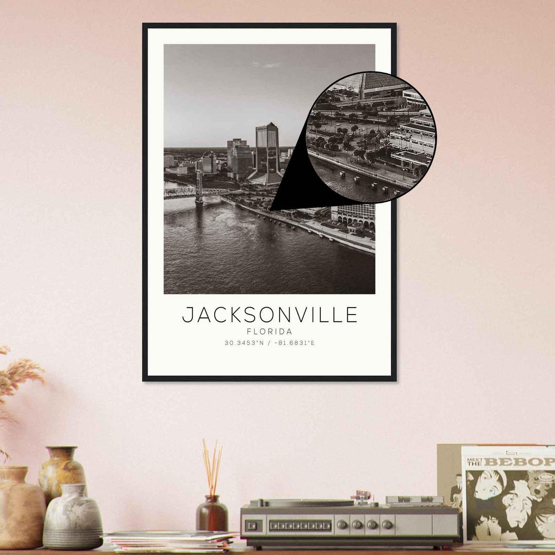 Jacksonville Florida Downtown River Skyline Black And White Poster - Image 4