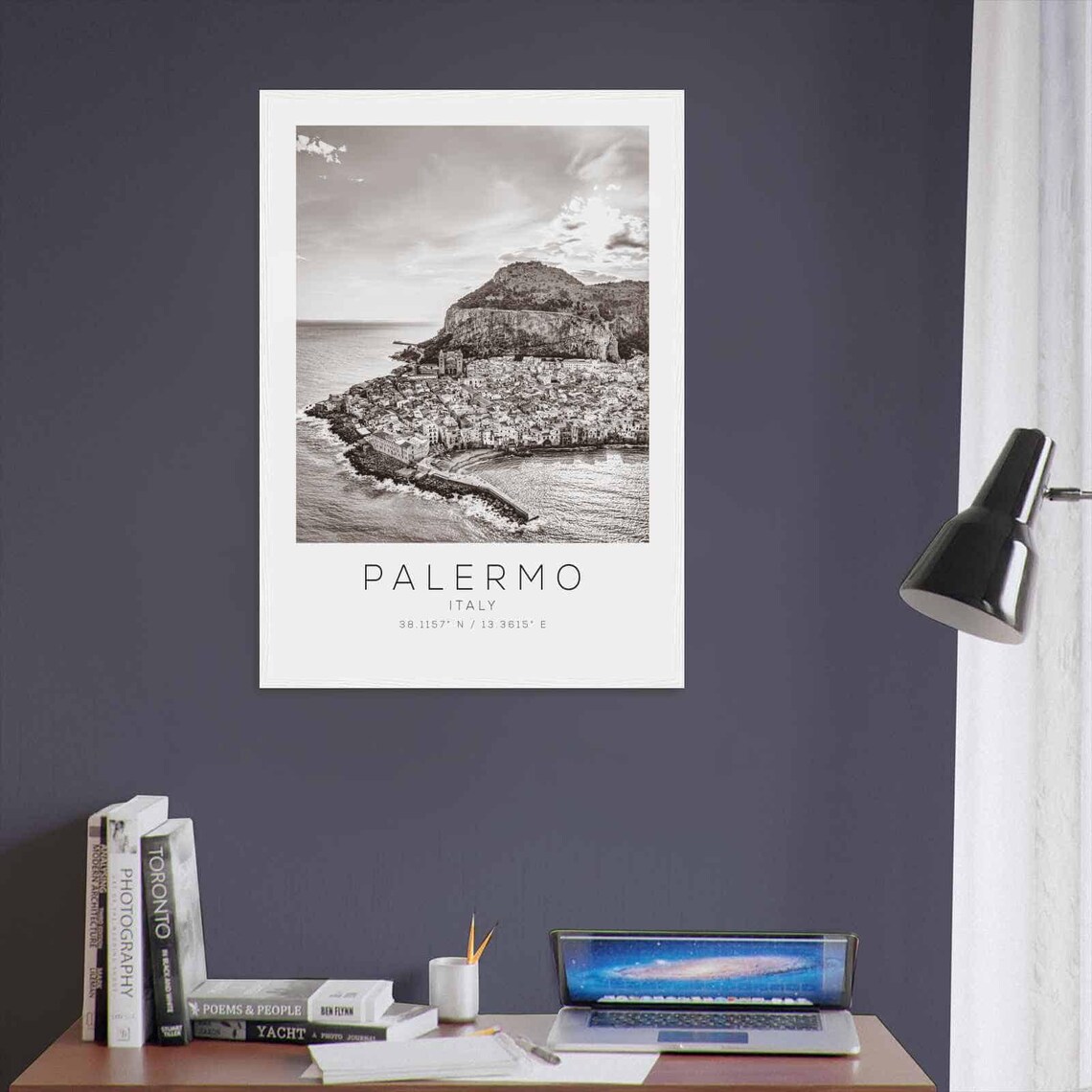 Palermo Italy Aerial Coastal Town Mountain Black White Photo Poster - Image 3