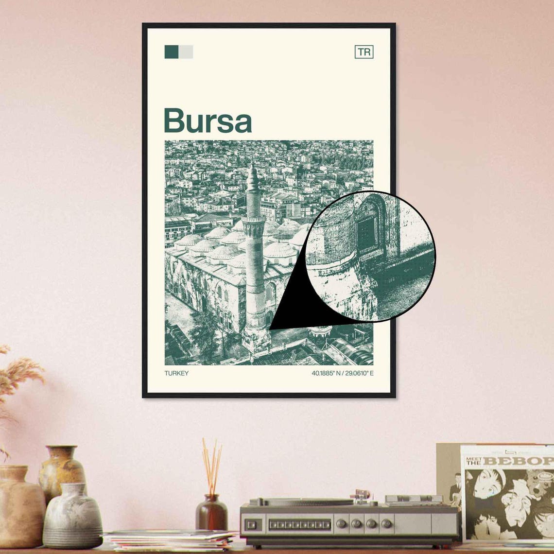 Bursa Turkey Domed Mosque and Minaret Duotone View Art Poster - Image 4