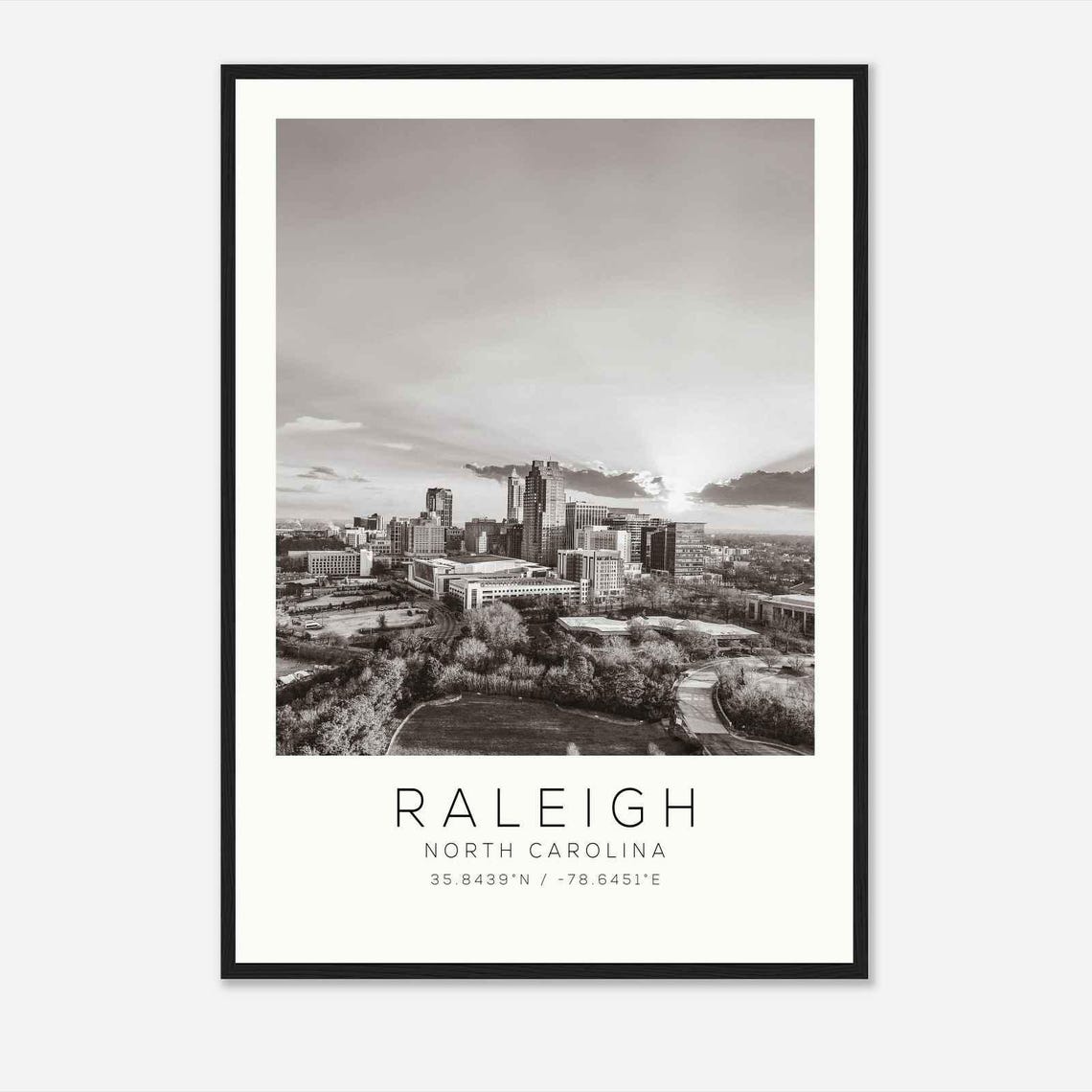 Raleigh North Carolina Sunrise Skyline Black and White Photo Poster