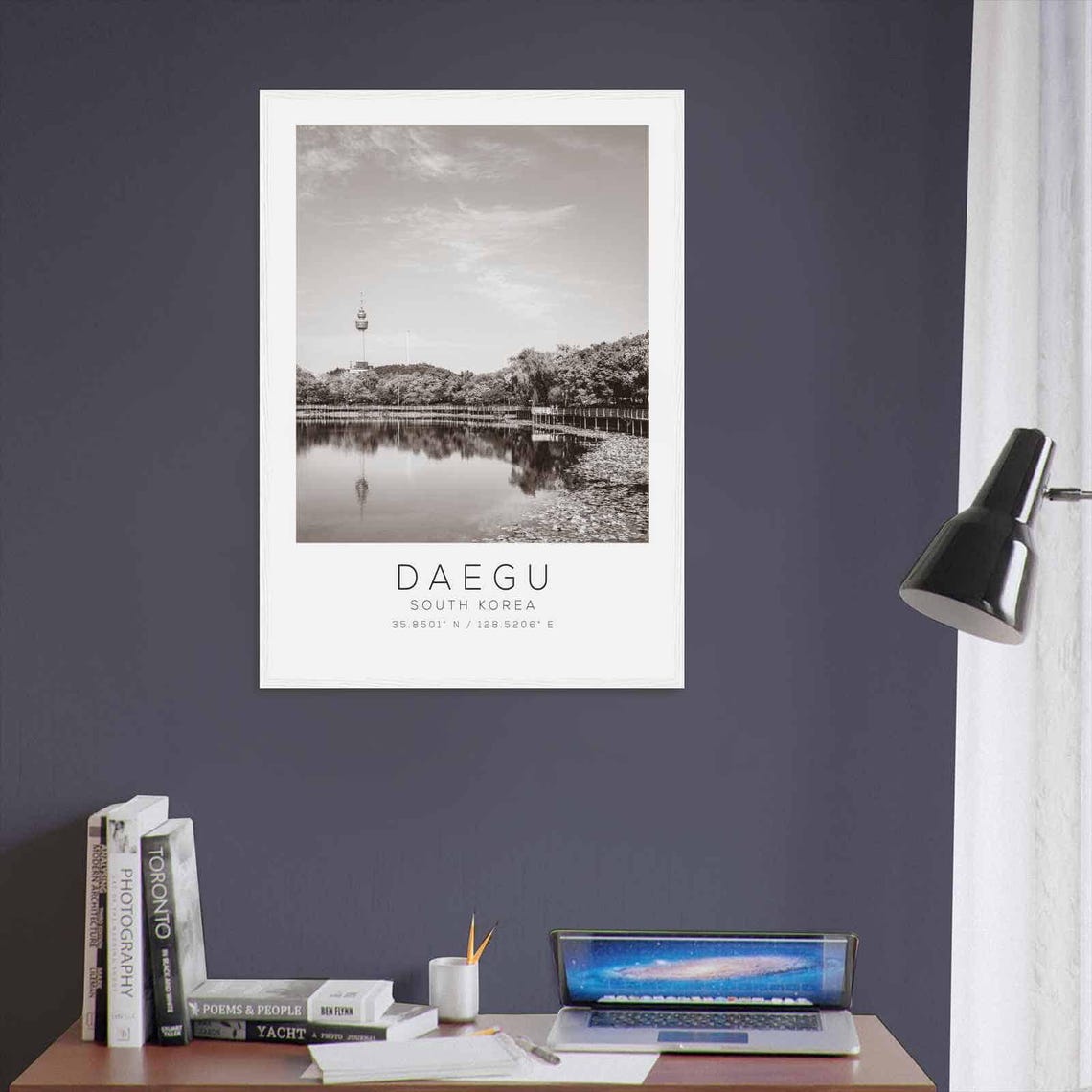 Daegu South Korea Minimalist Black and White Lake Reflection Poster - Image 3