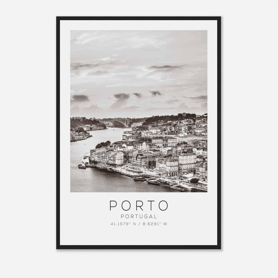 Porto Portugal Douro River Riverside Skyline Black White Poster