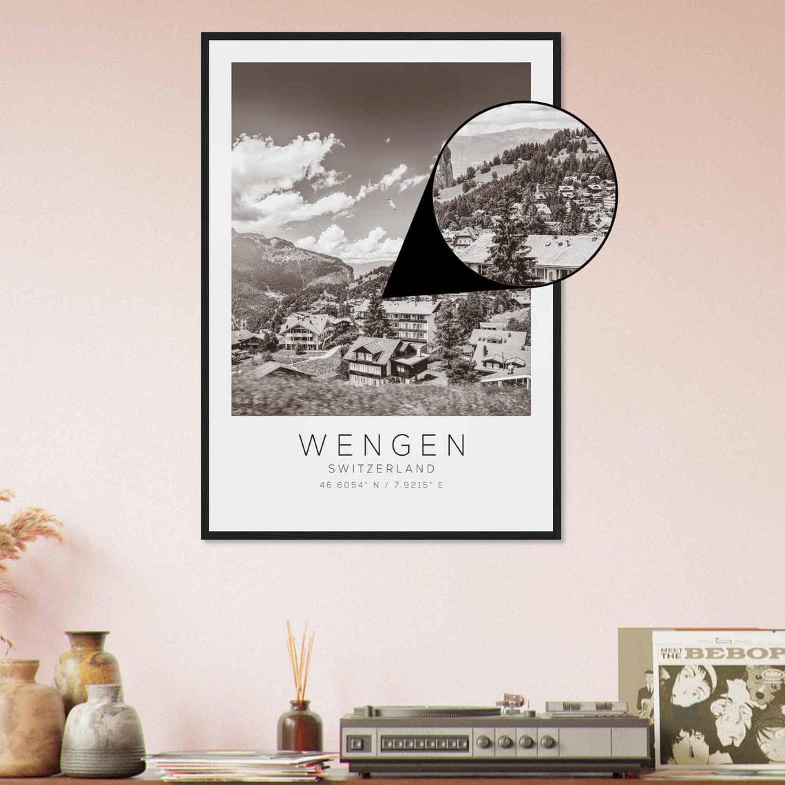 Wengen Switzerland Alpine Village Valley Black and White Poster - Image 4
