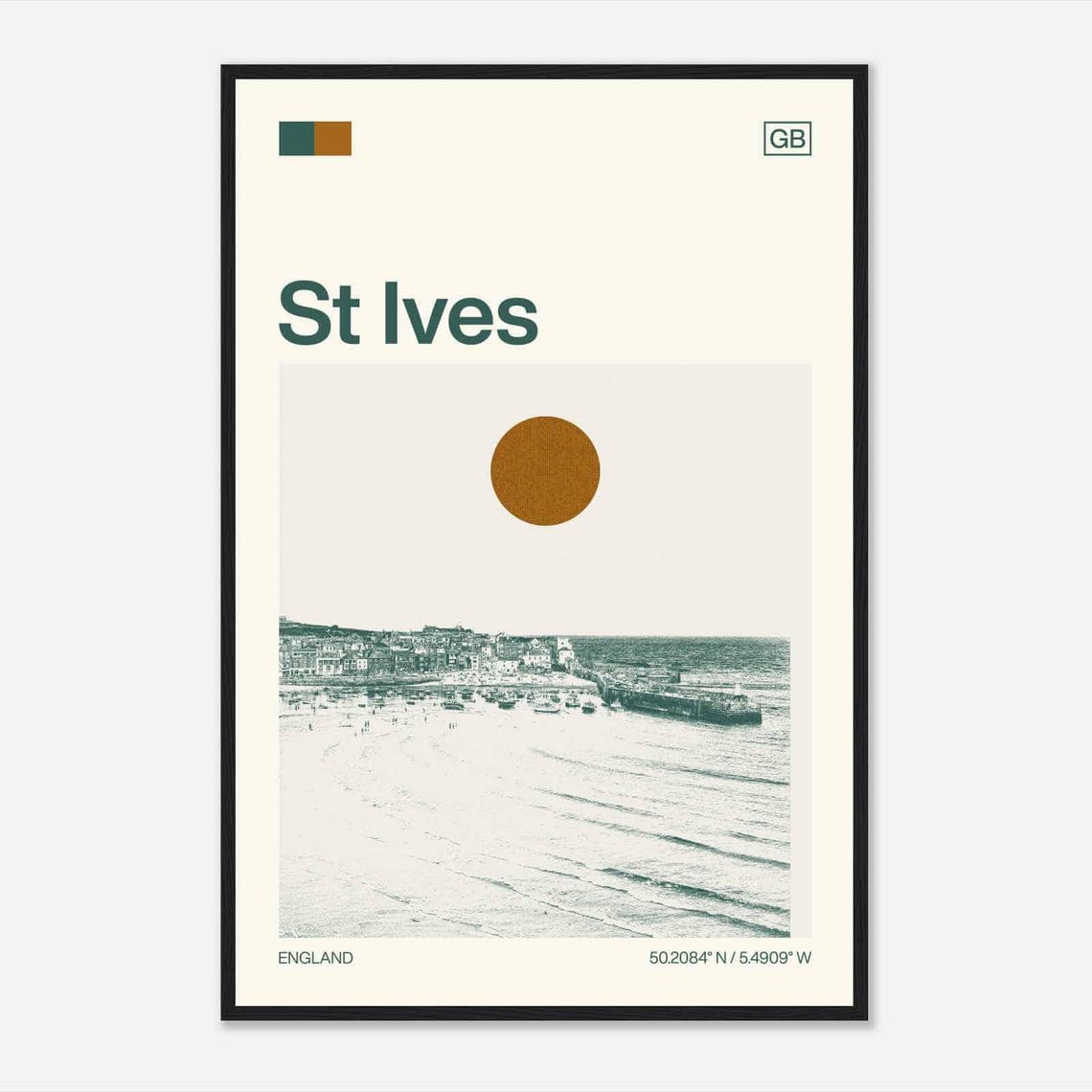 St Ives England Harbor Beach Seaside Town Sun Duotone Travel Poster
