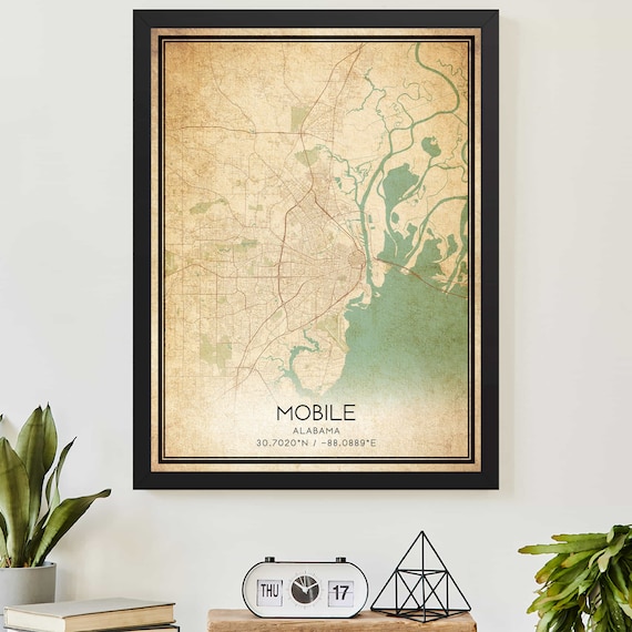 Vintage Mobile Alabama Map Poster with City Coordinates Decor