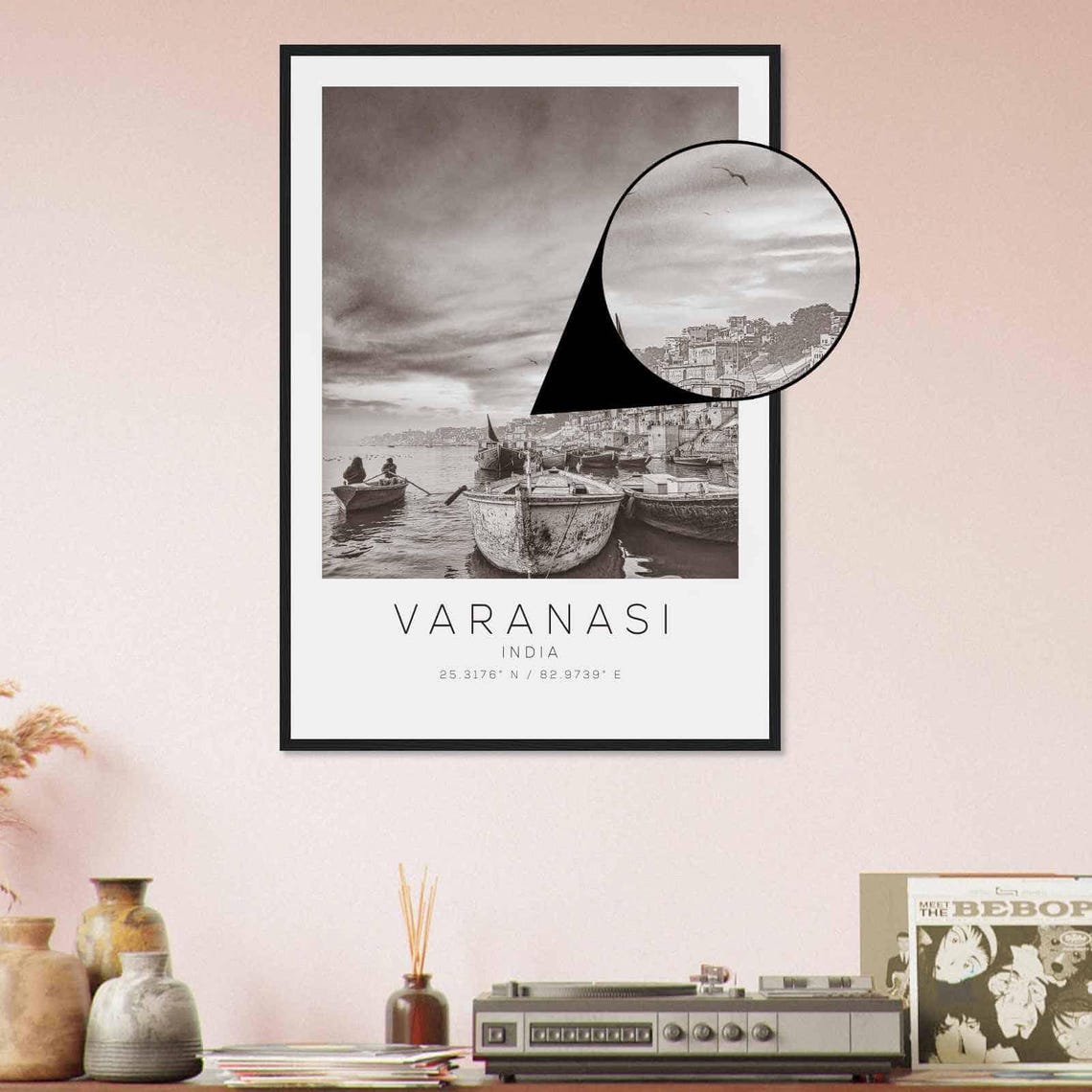 Varanasi India Ganges River Ghats Boats Black and White Poster - Image 4