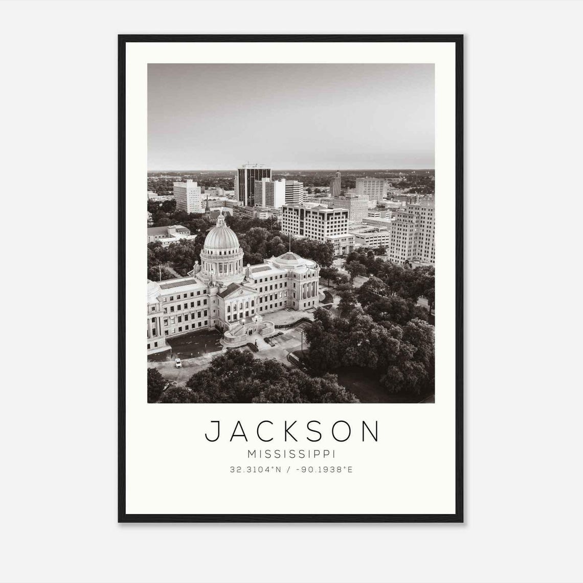 Jackson Mississippi State Capitol Aerial Black And White Poster